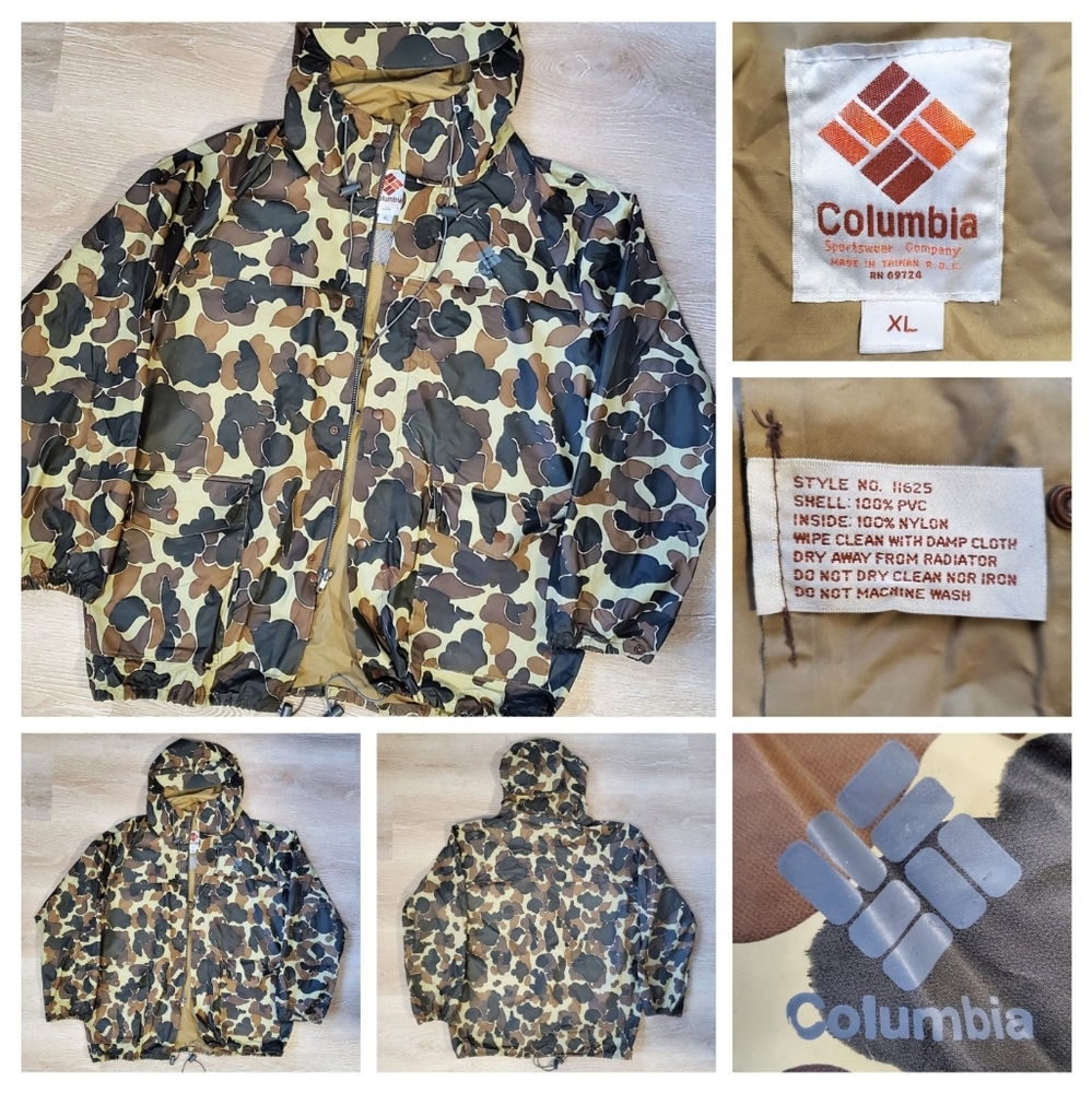 Vintage 90s Columbia Jacket Mens XL Brown Duck Camo Rain Coat Hunting Waterproof